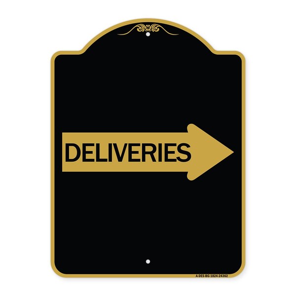 Designer Series Deliveries W/ Right Arrow, Black & Gold Aluminum Sign, 18" x 24", BG-1824-24362